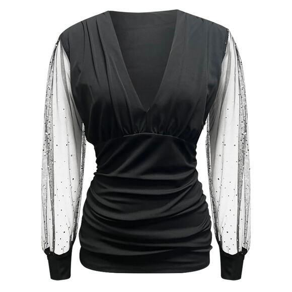 Black Deep V neck sheer rhinestone embellished puffy sleeve top glam size M - Picture 2 of 12